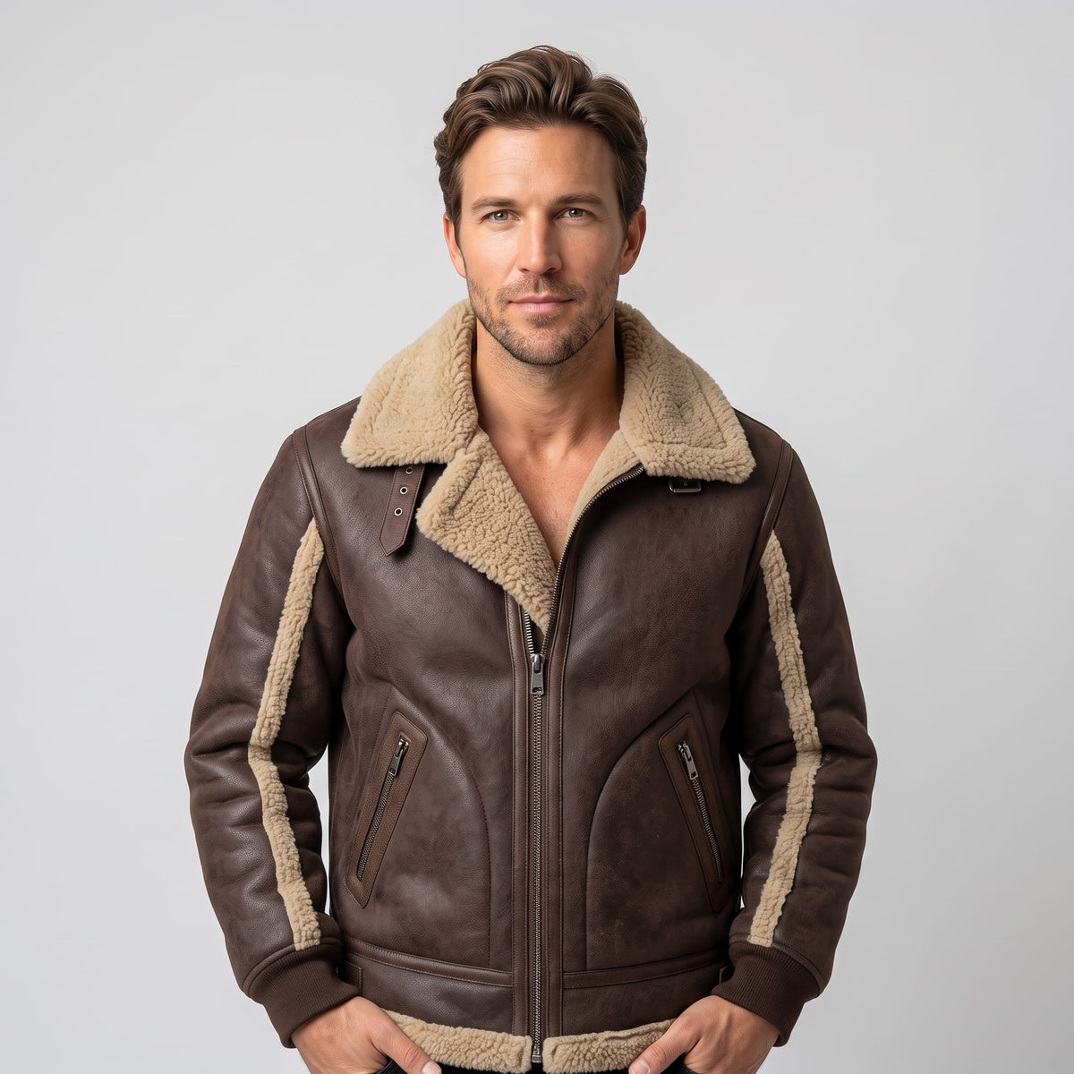 A man wearing a brown leather sherpa aviator jacket with a wide collar and ribbed trim