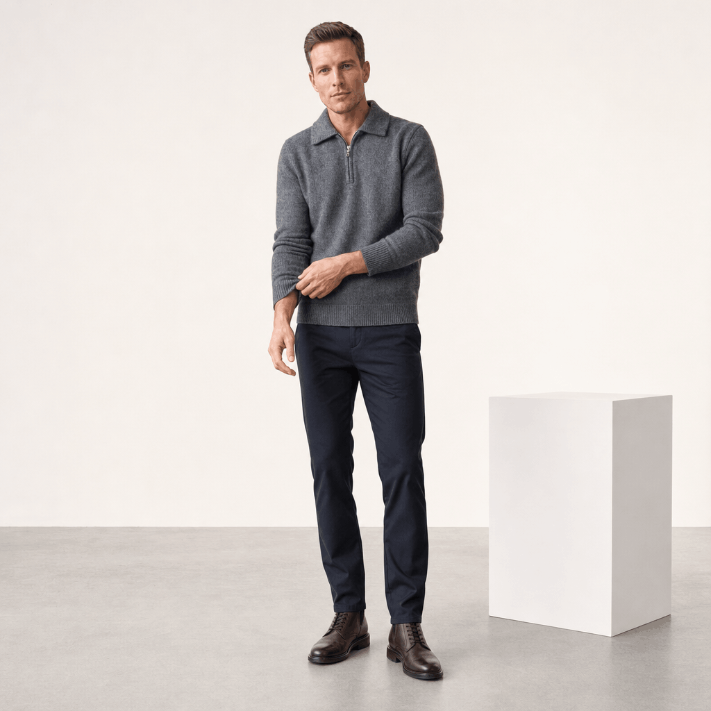 Full-body view of the man wearing the charcoal gray half-zip sweater with dark pants.