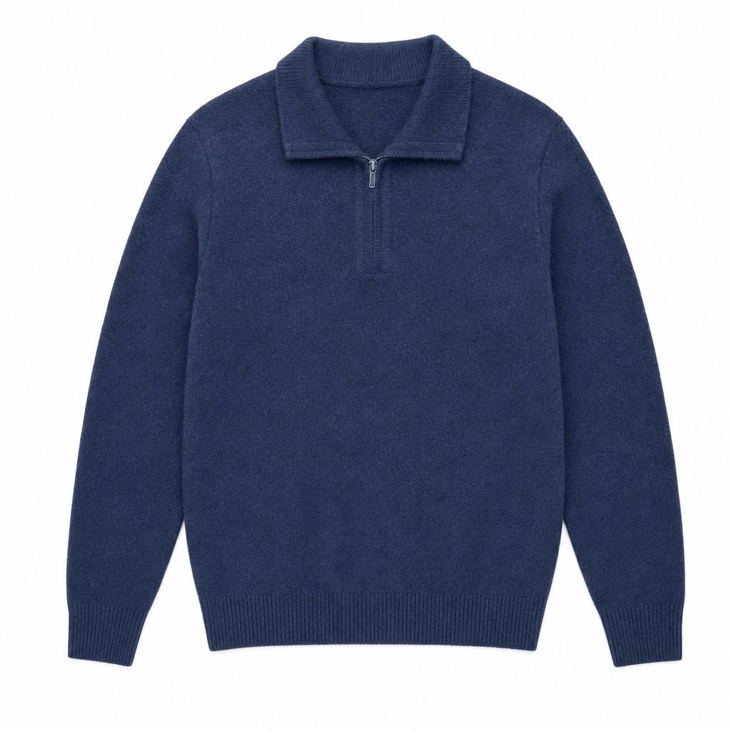 Navy blue textured half-zip sweater displayed on its own against a light background.