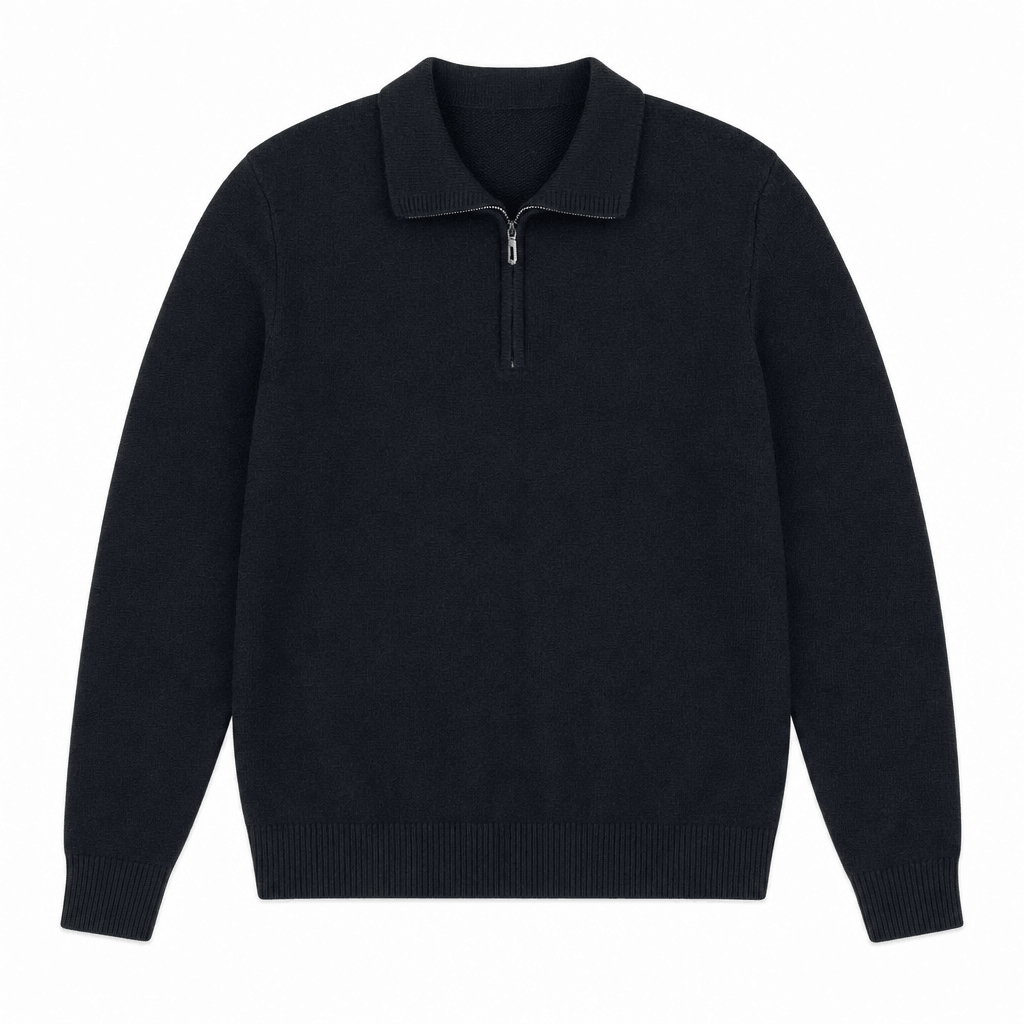 Black textured half-zip sweater displayed on its own against a light background.