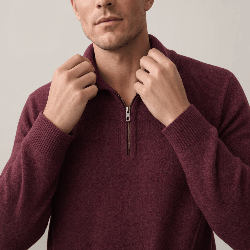 Close-up showing the half-zip collar and textured knit detail of the burgundy sweater.