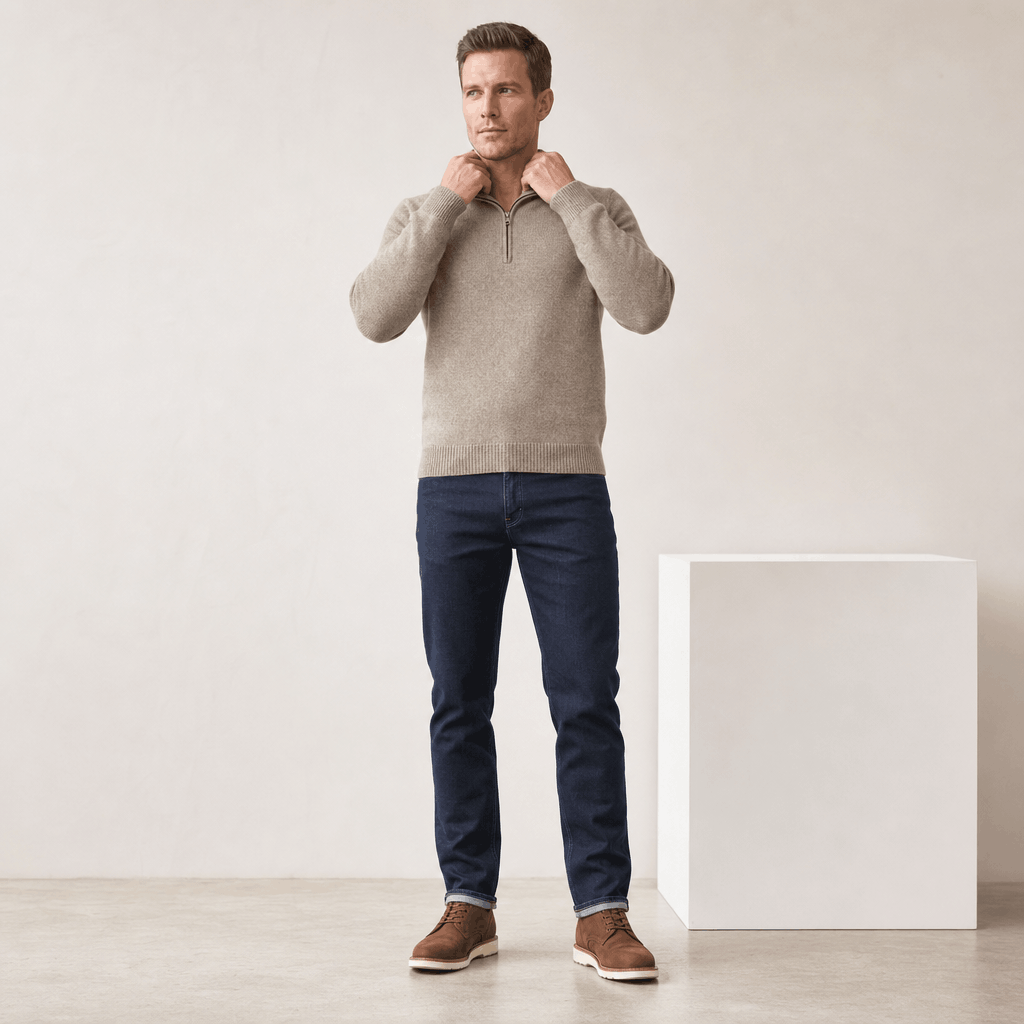 Full-body view of the man wearing the light taupe half-zip sweater with dark pants.