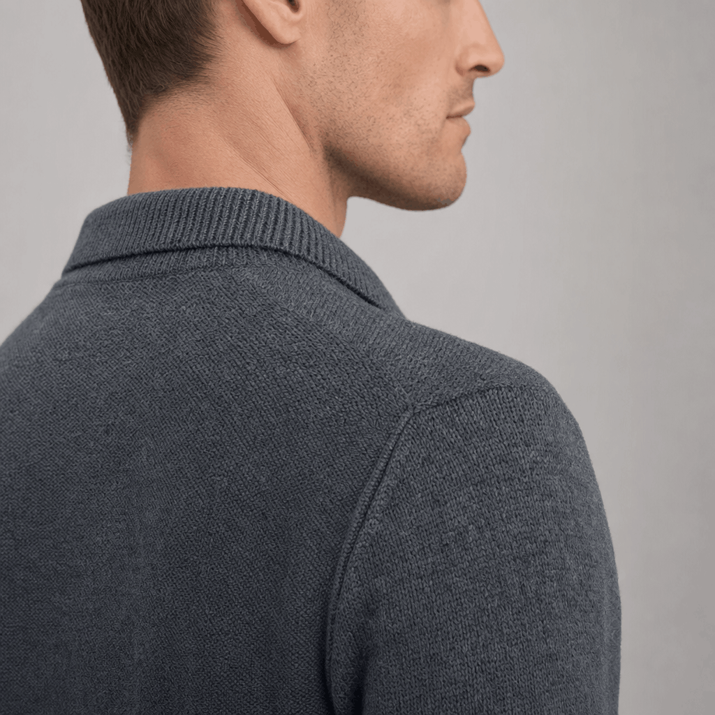 Side and back close-up showing the textured knit of the charcoal gray sweater.