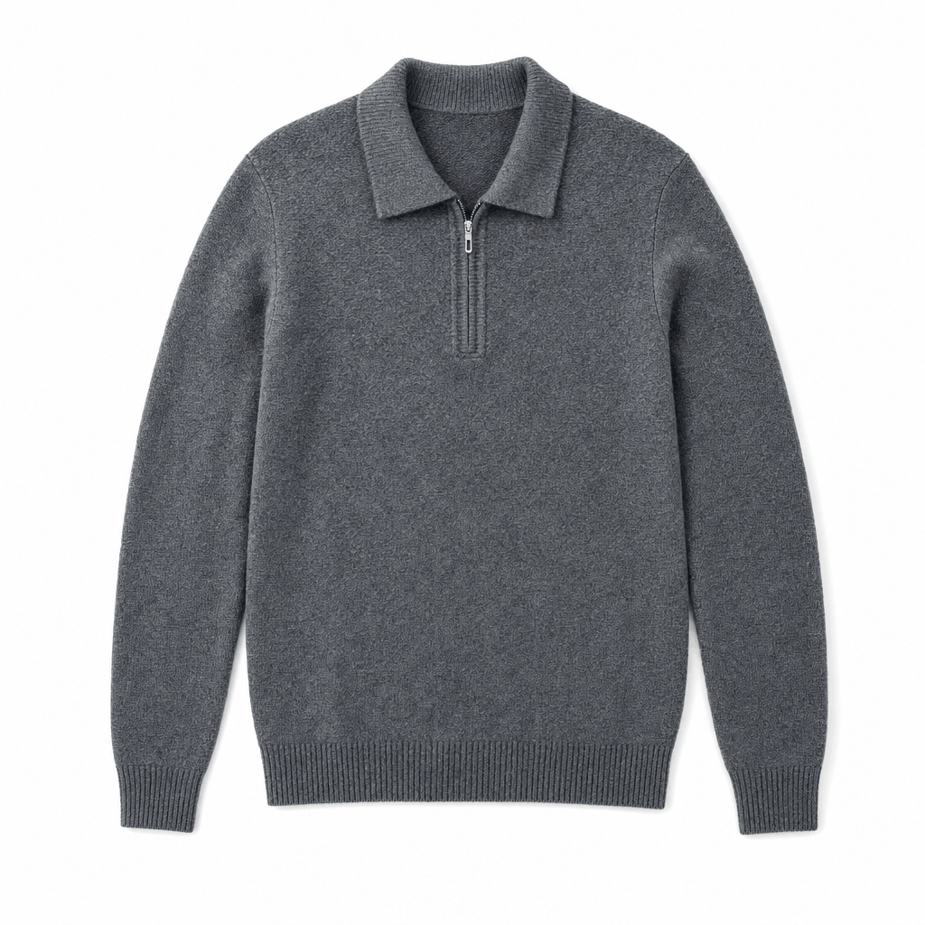 Charcoal gray textured half-zip sweater displayed on its own against a light background.