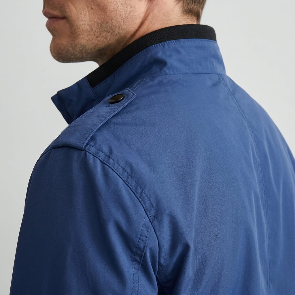 Side and back close-up of the navy blue bomber jacket.