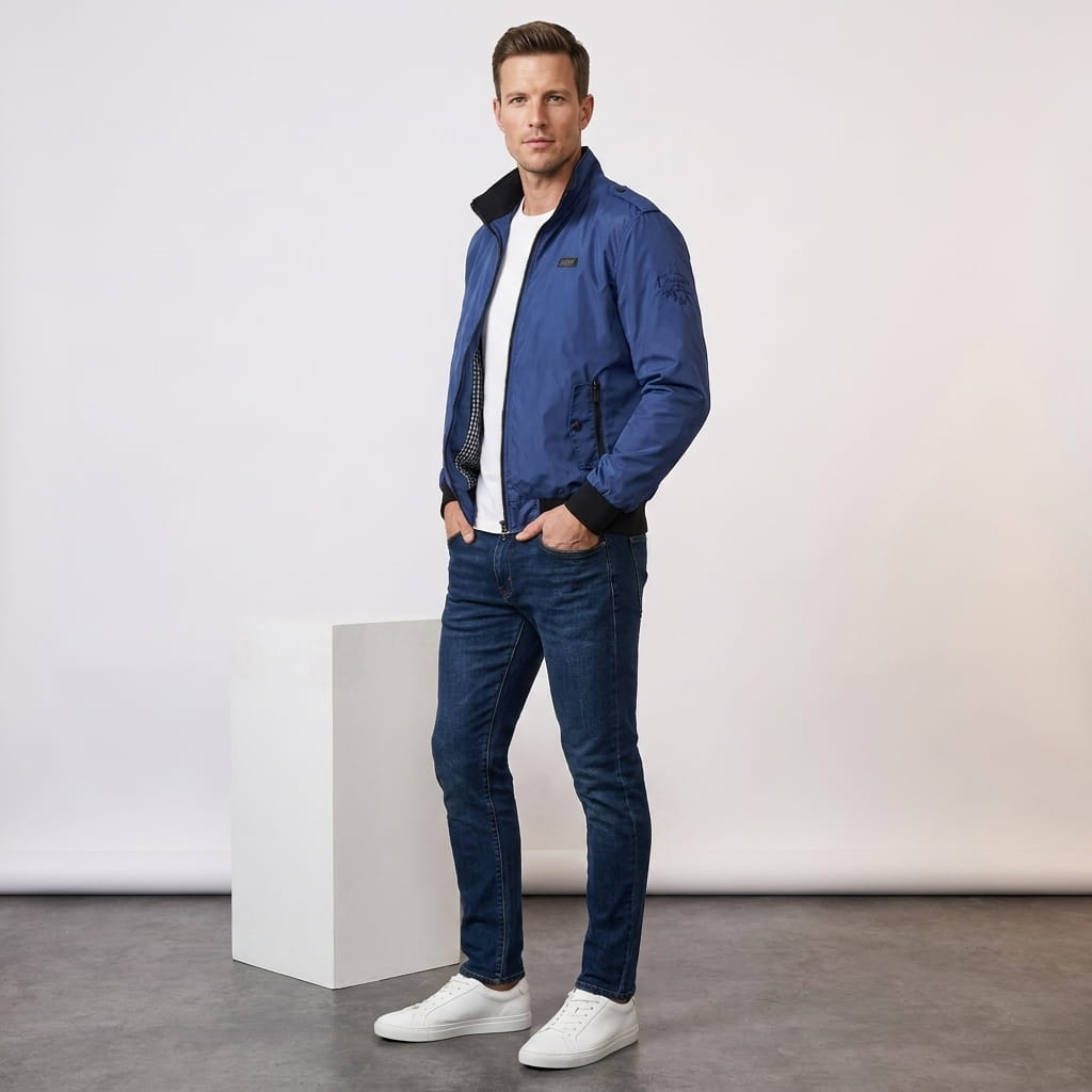 Full-body view of the man wearing the navy blue bomber jacket.