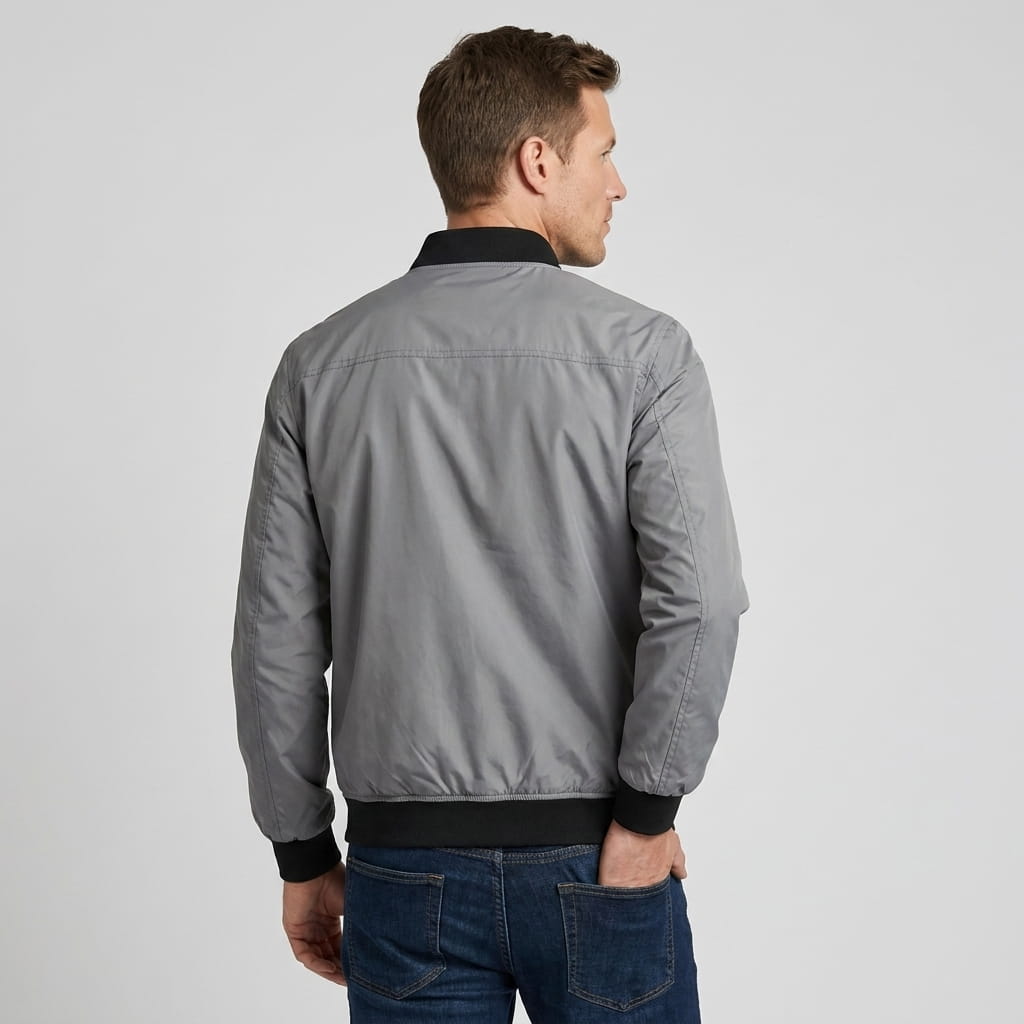 Back view of the light gray bomber jacket.