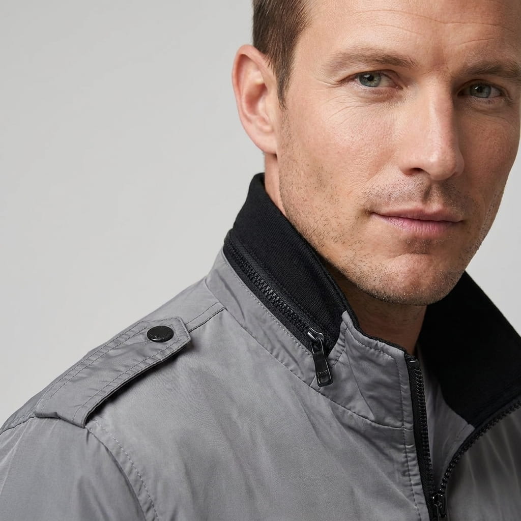 Close-up of the man wearing the light gray bomber jacket, highlighting the collar and upper chest.