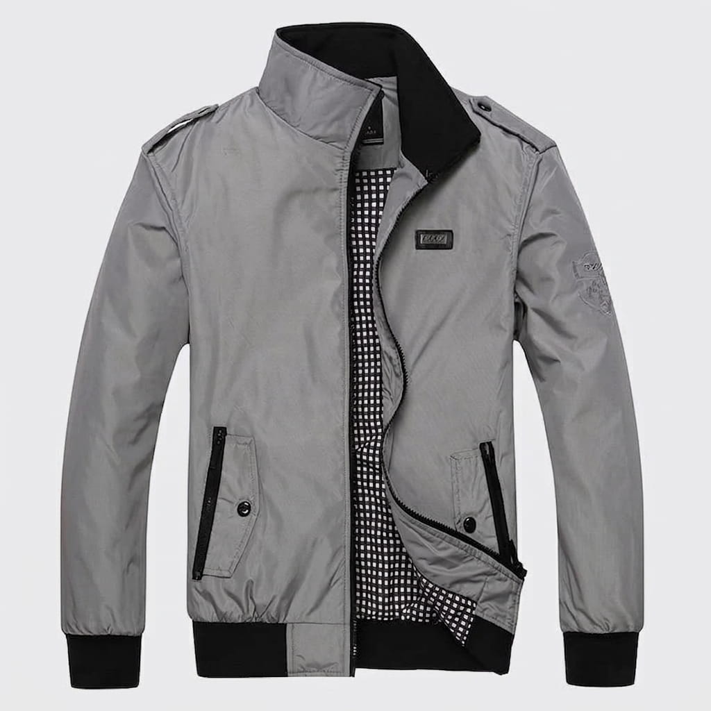 Light gray bomber jacket displayed open, showing the dark patterned inner lining.