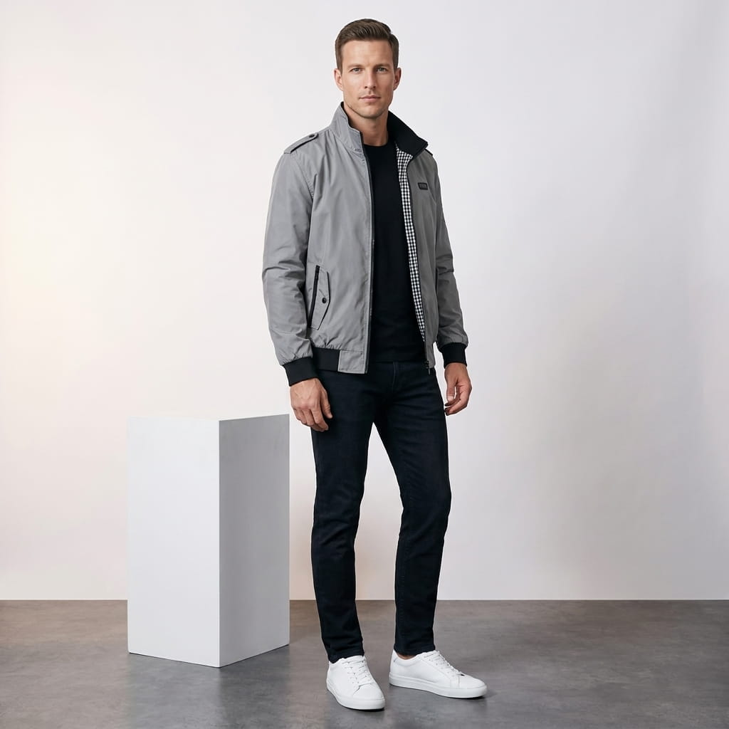 Full-body view of the man wearing the light gray bomber jacket with dark trousers and white sneakers.
