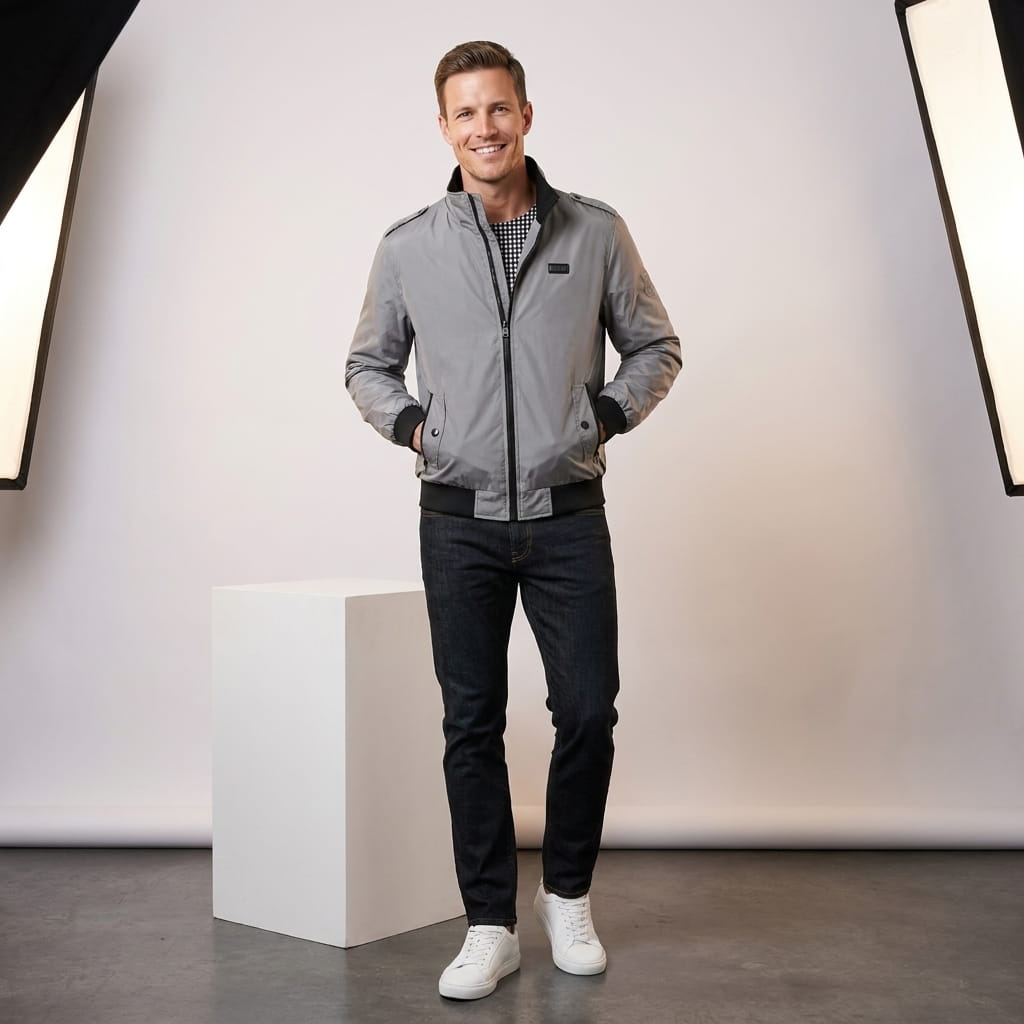 Full-body studio view of the man posing in the light gray bomber jacket.