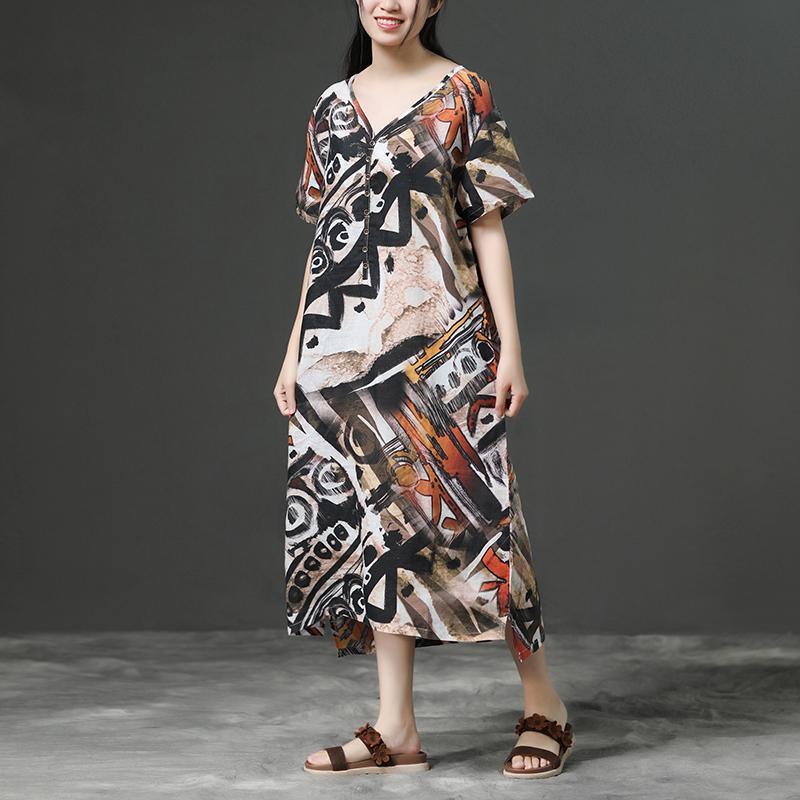 Sienna Abstract Print Linen Midi Dress V – Neck Loose Casual Summer Dress