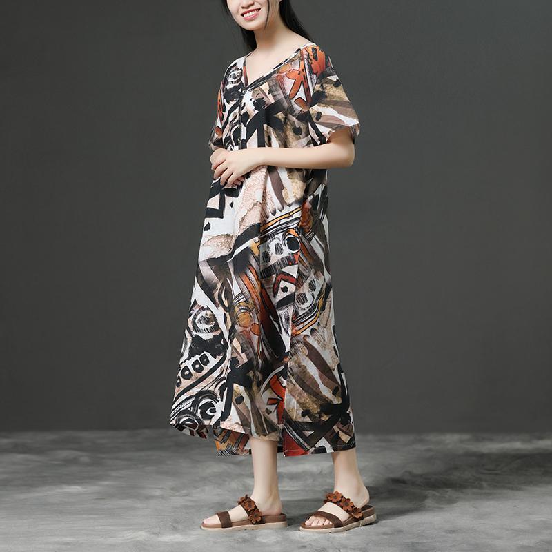 Sienna Abstract Print Linen Midi Dress V – Neck Loose Casual Summer Dress