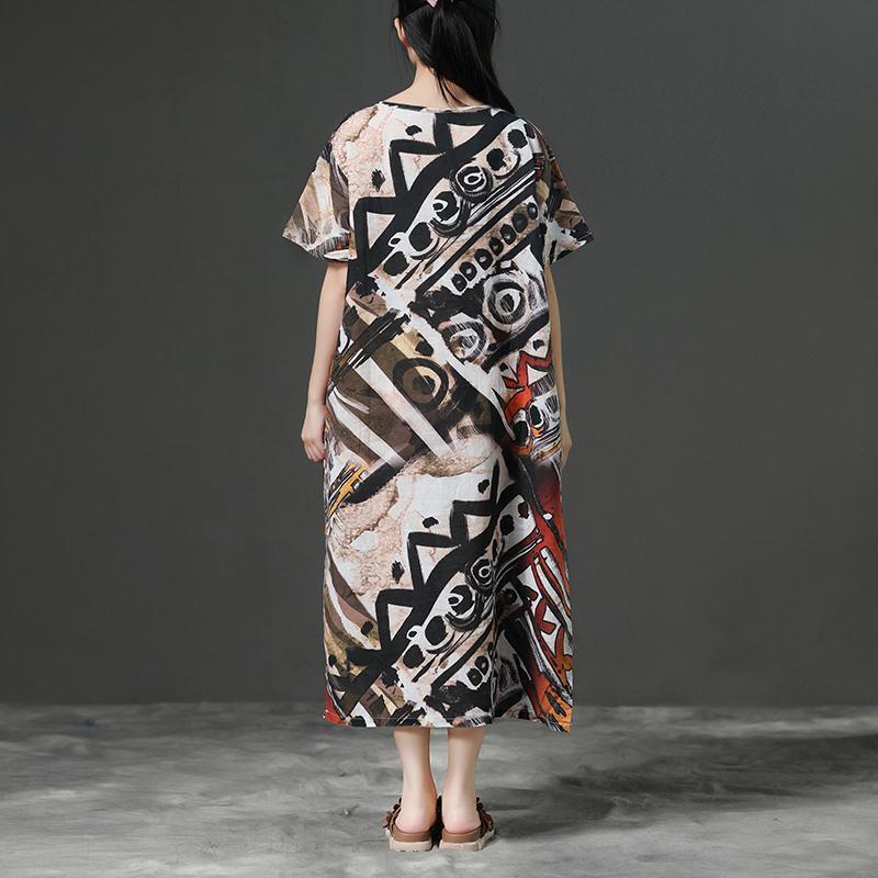 Sienna Abstract Print Linen Midi Dress V – Neck Loose Casual Summer Dress