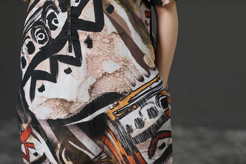 Sienna Abstract Print Linen Midi Dress V – Neck Loose Casual Summer Dress