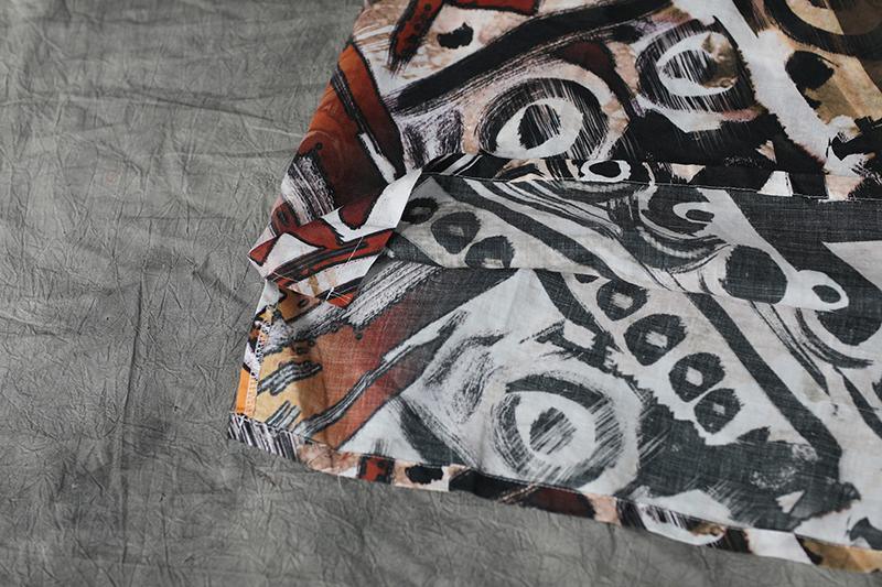 Sienna Abstract Print Linen Midi Dress V – Neck Loose Casual Summer Dress