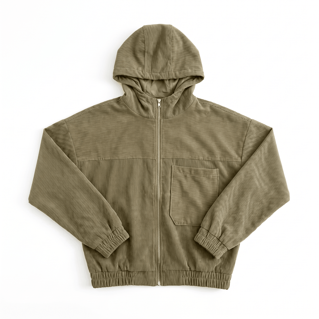 Olive green corduroy zip-up hoodie with a relaxed fit, silver front zipper, elasticated cuffs, and a chest pocket.