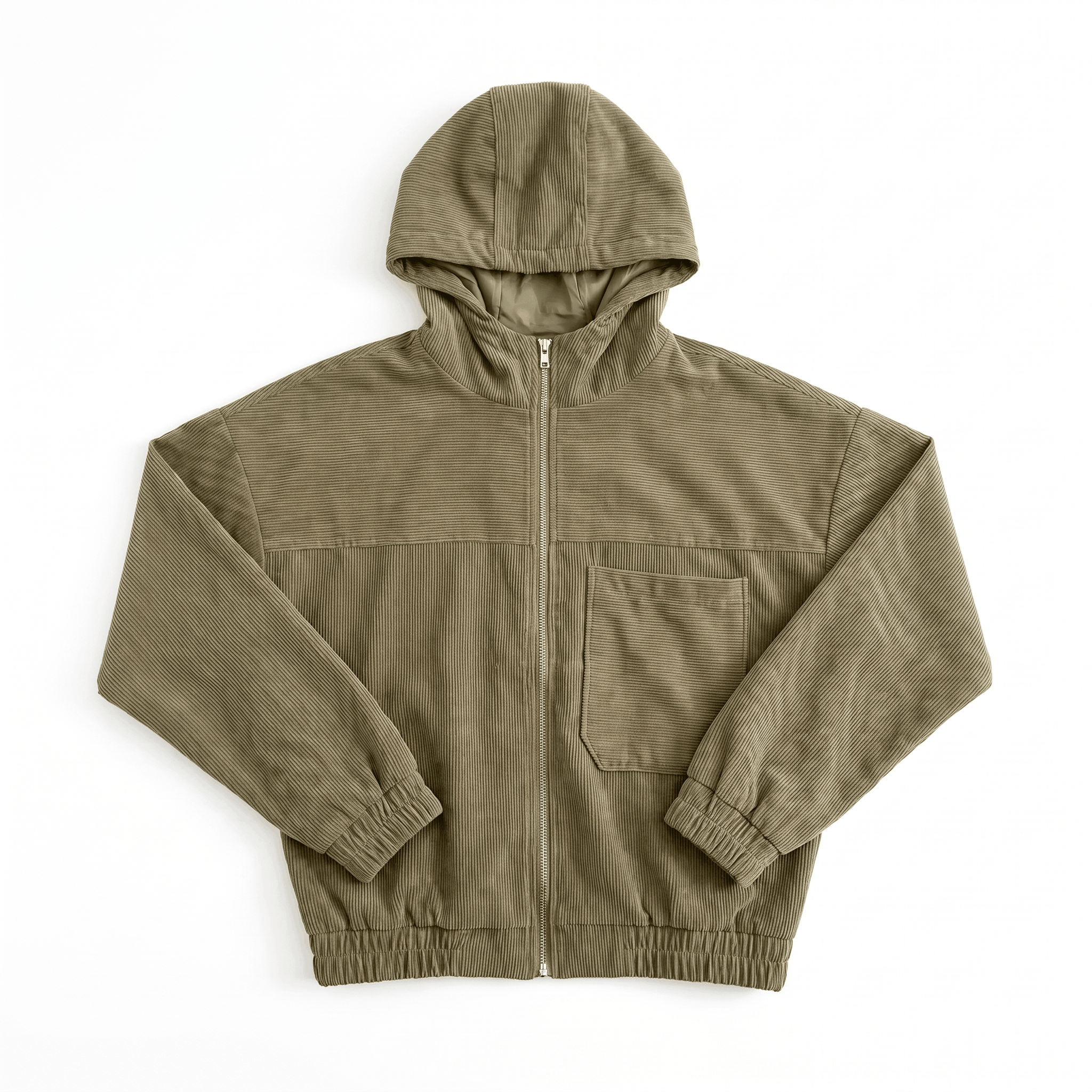 Olive green corduroy zip-up hoodie with a relaxed fit, silver front zipper, elasticated cuffs, and a chest pocket.