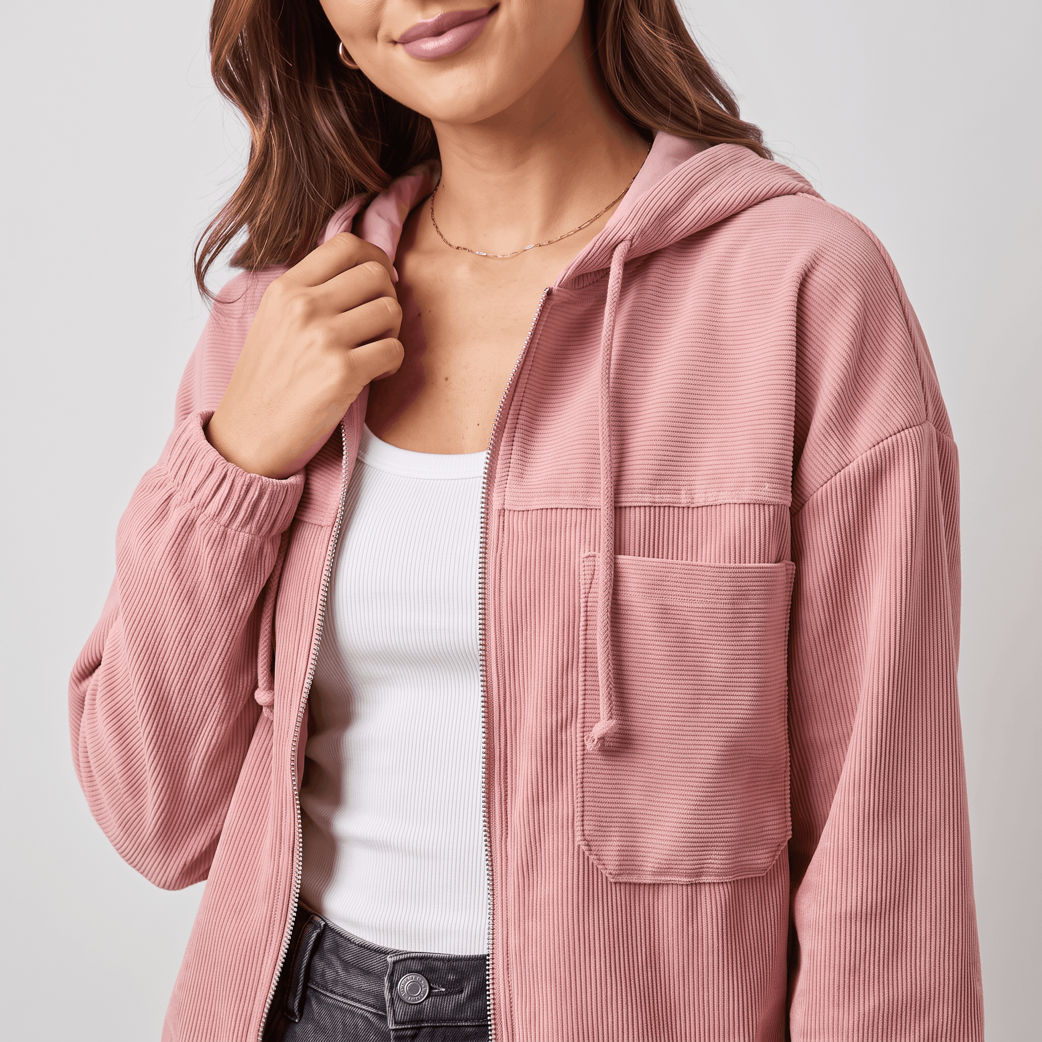 Dusty pink corduroy zip-up hoodie with a drawstring hood, elasticated cuffs, and a relaxed, oversized layering fit.