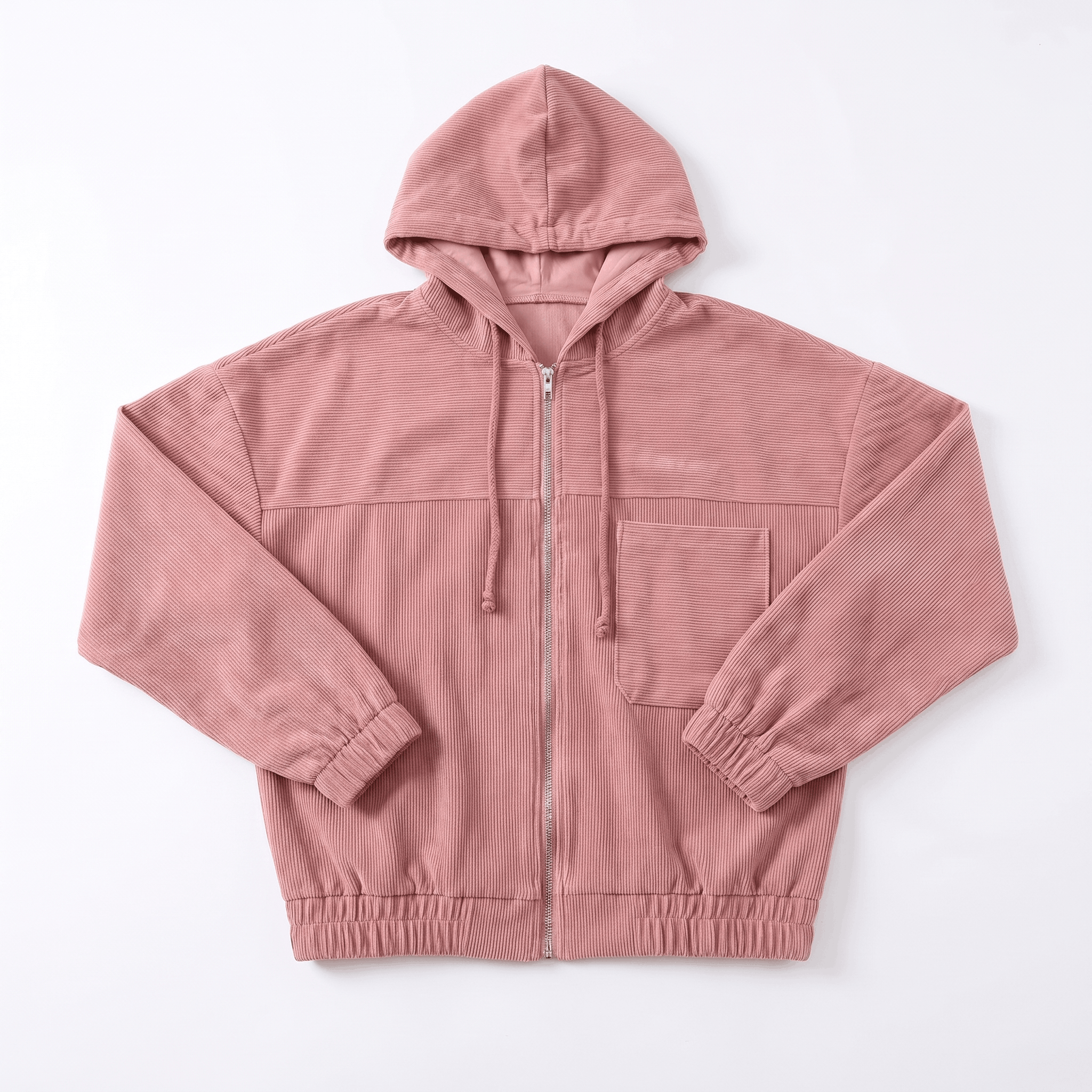 Dusty pink corduroy zip-up hoodie with a drawstring hood, silver front zipper, chest pocket, and elasticated cuffs.