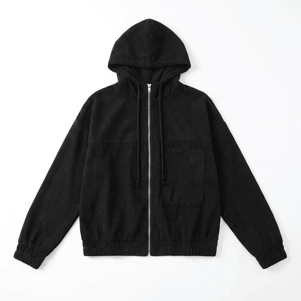 Black corduroy zip-up hoodie with a drawstring hood, silver front zipper, chest pocket, and elasticated cuffs.