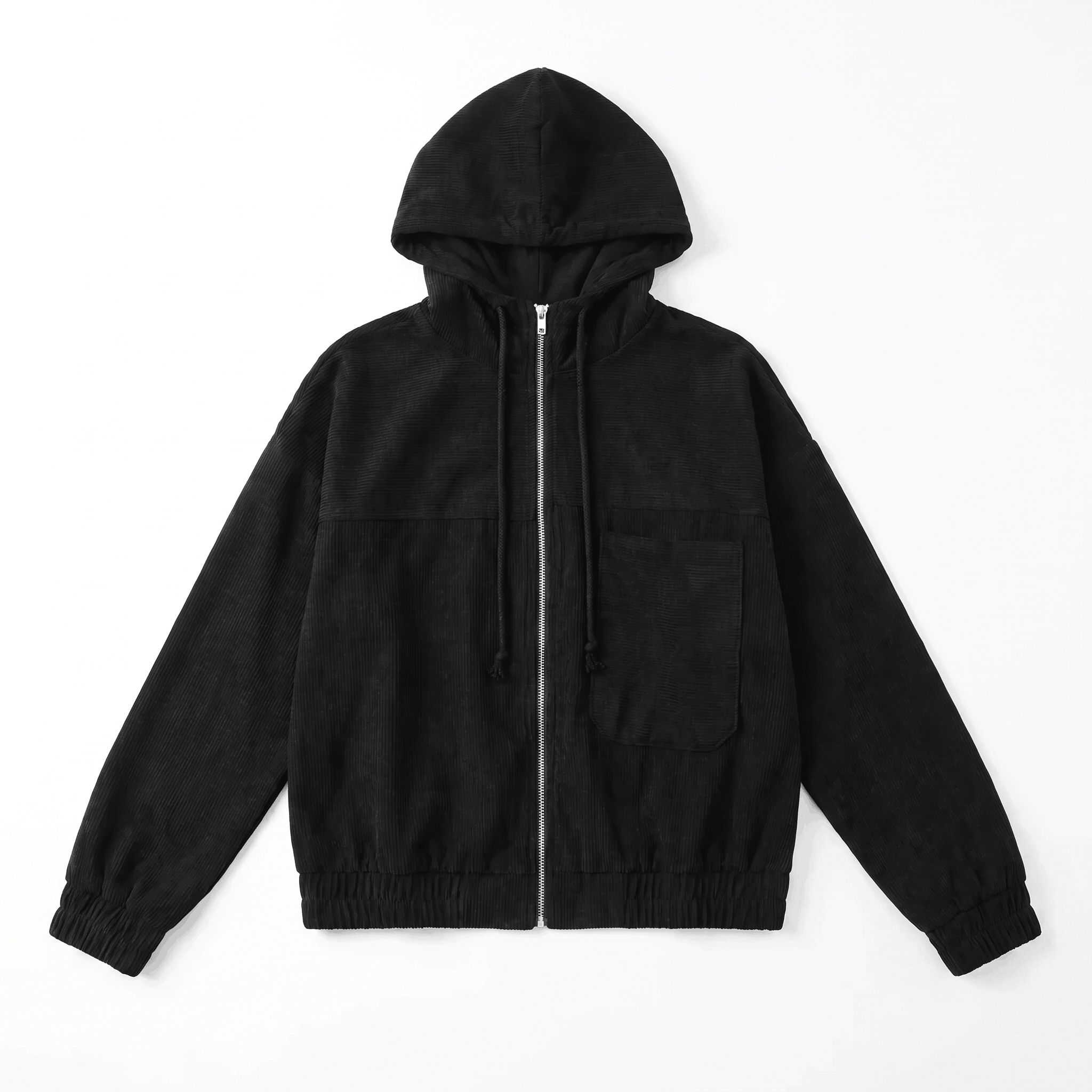 Black corduroy zip-up hoodie with a drawstring hood, silver front zipper, chest pocket, and elasticated cuffs.