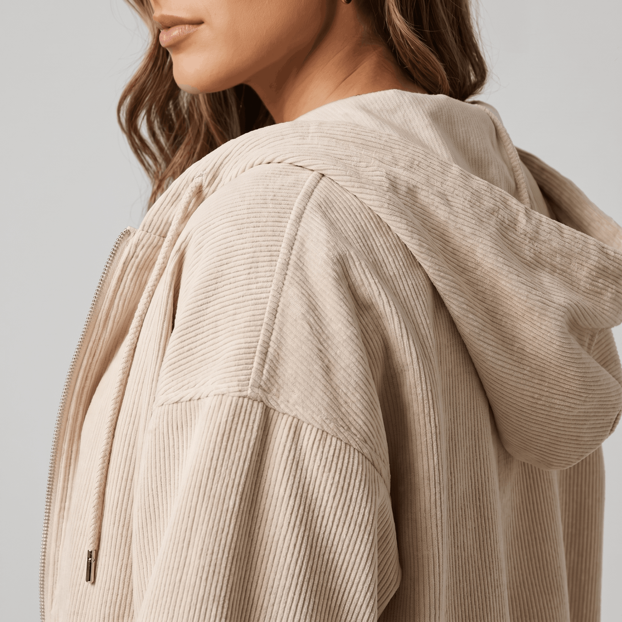 Beige corduroy zip-up hoodie with a soft wale texture, drawstring hood, and relaxed, oversized fit.