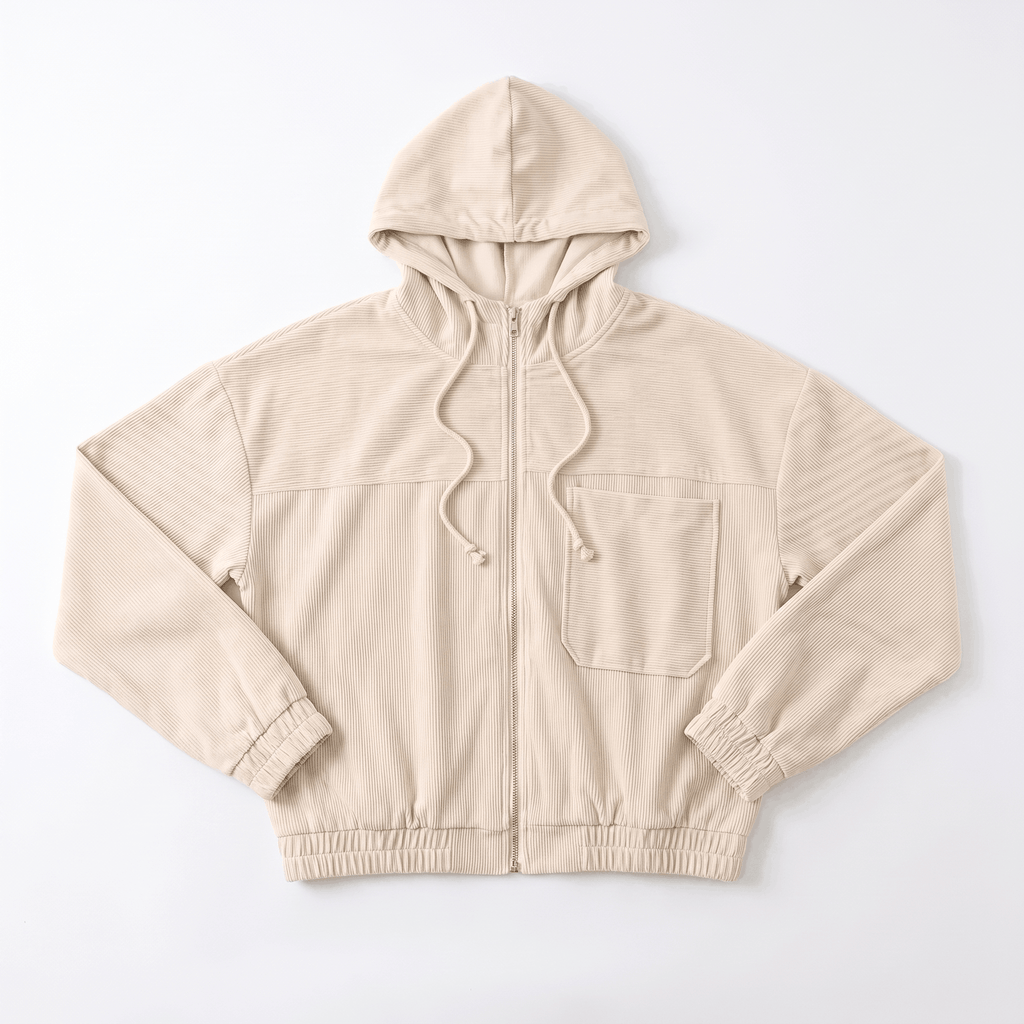 Beige corduroy zip-up hoodie with a drawstring hood, elasticated cuffs, and a single chest pocket on a white background.
