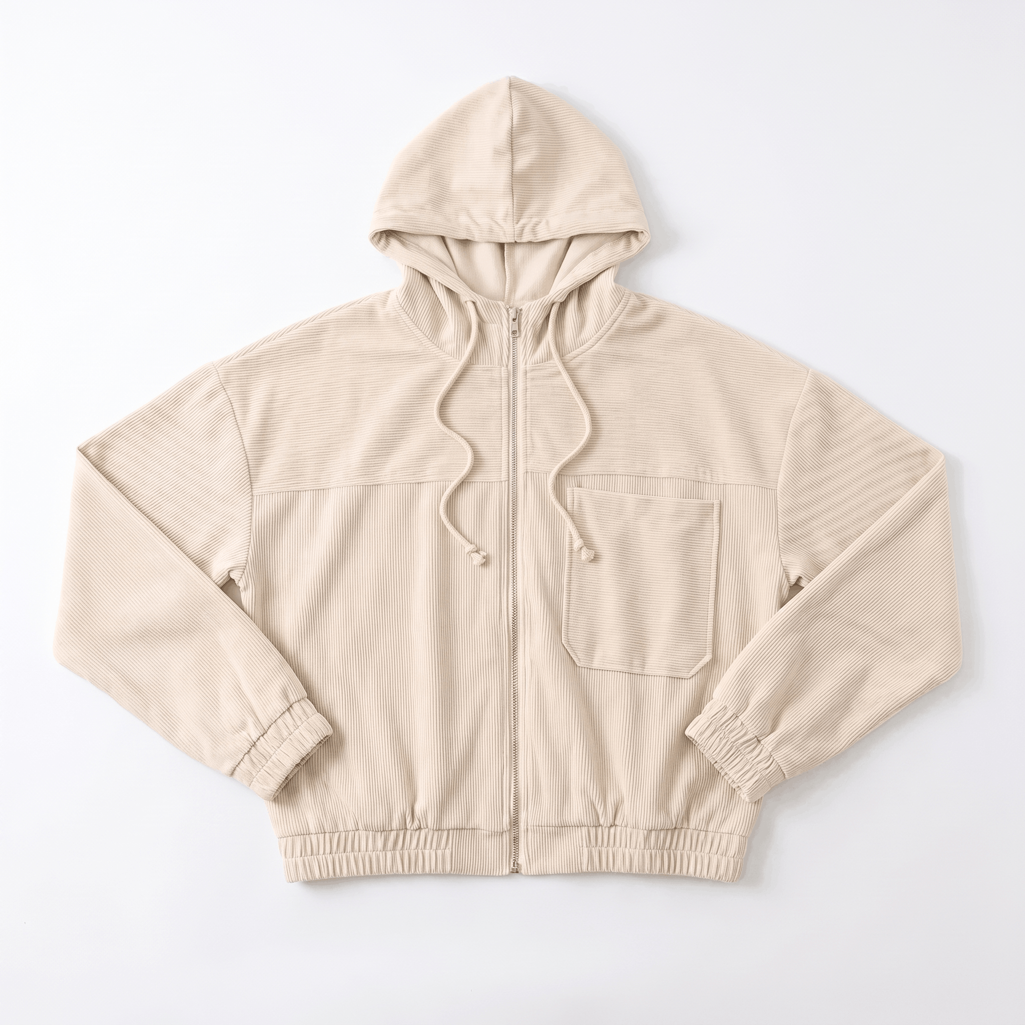 Beige corduroy zip-up hoodie with a drawstring hood, elasticated cuffs, and a single chest pocket on a white background.