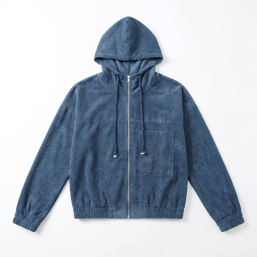 Washed blue corduroy zip-up hoodie with a drawstring hood, silver hardware, chest pocket, and elasticated cuffs.