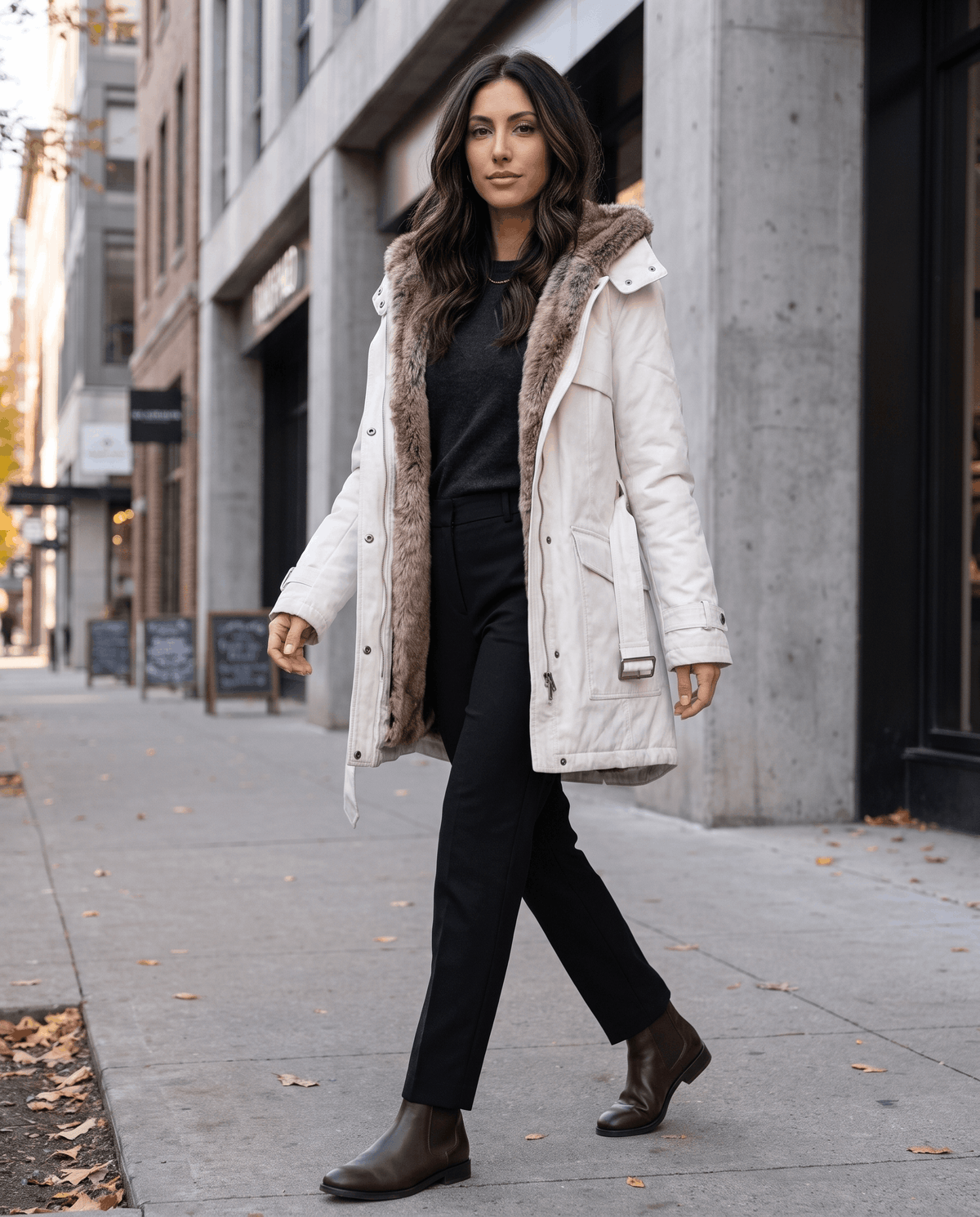 A woman wearing a white long parka coat with fur lining, a hood, and an adjustable waist, walking on a city street