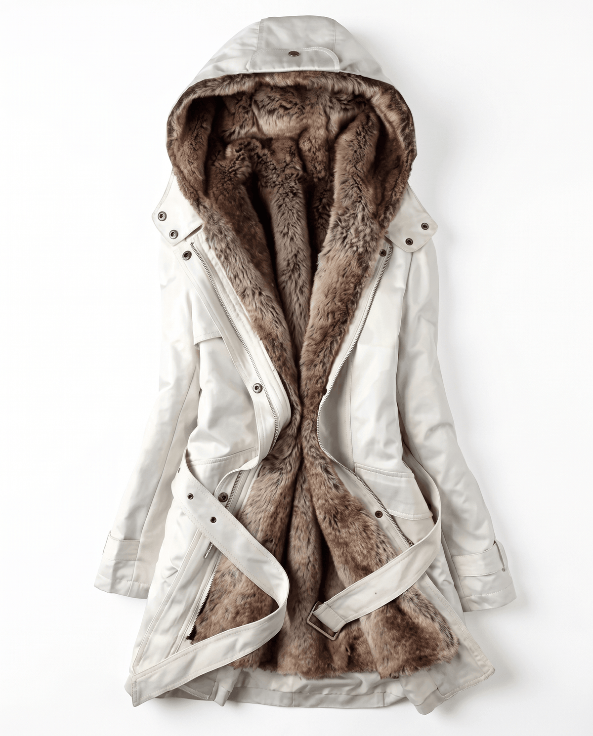 A white long parka coat for women with fur lining, a hood, and an adjustable waist, shown flat