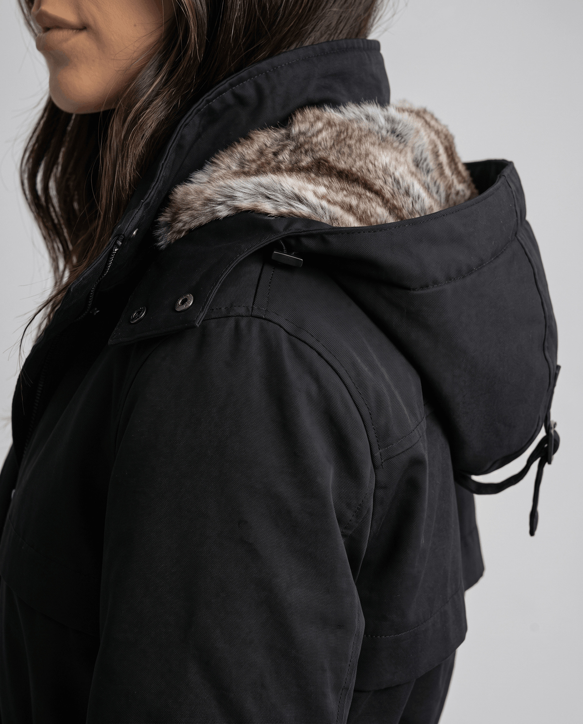 Close-up of a woman wearing a black long parka coat, showing the fur-lined hood and shoulder detail