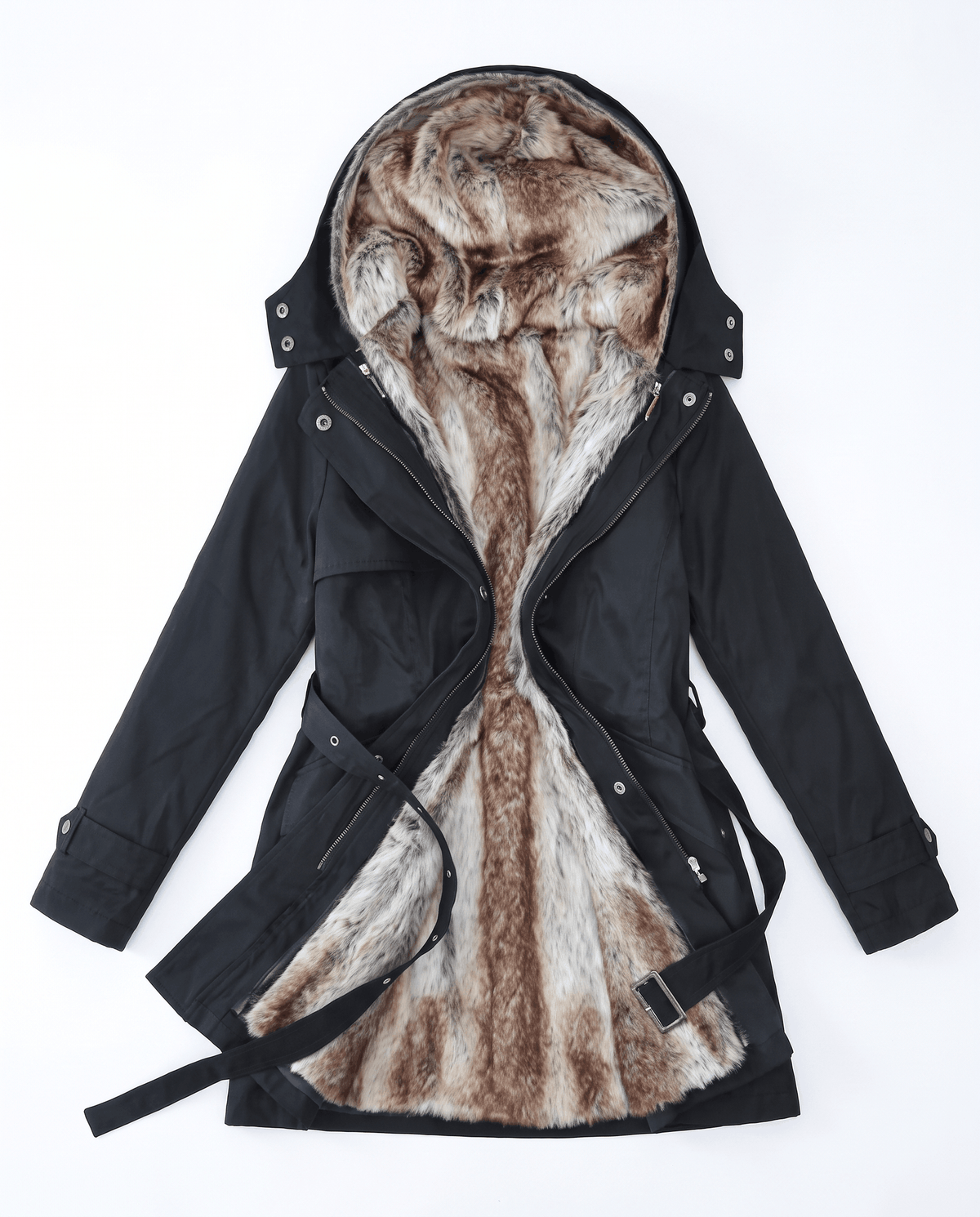 A black long parka coat for women with fur lining, a hood, and an adjustable waist, shown flat