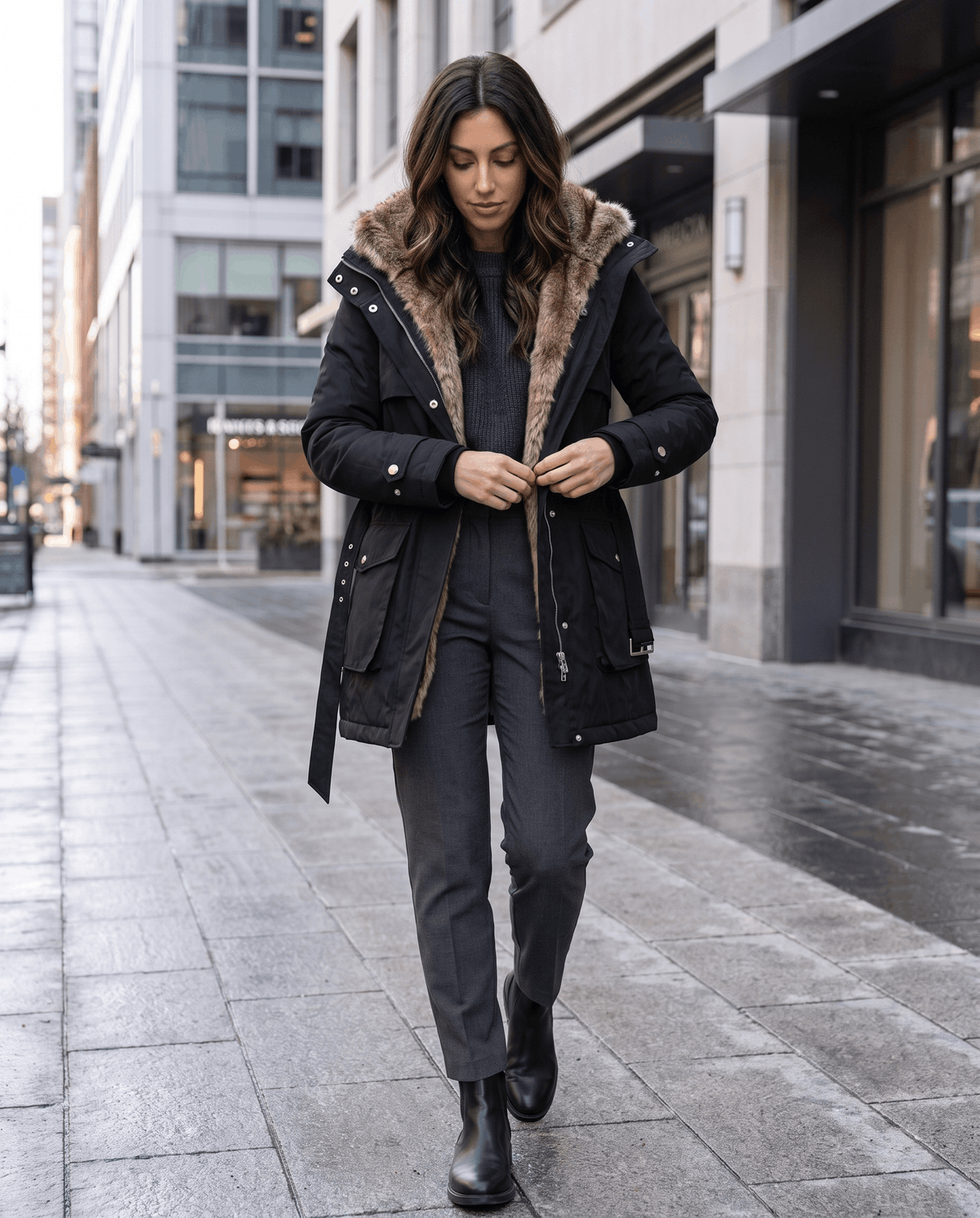 A woman wearing a black long parka coat with fur lining, a hood, and an adjustable waist, walking on a city street