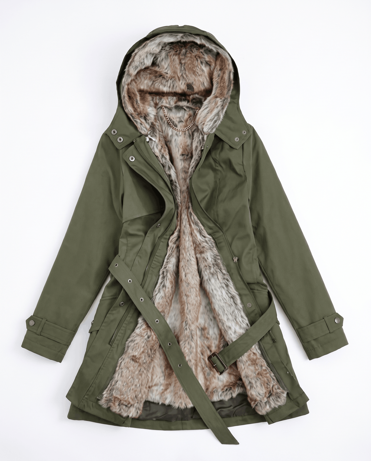 An olive green long parka coat for women with fur lining, a hood, and an adjustable waist, shown flat