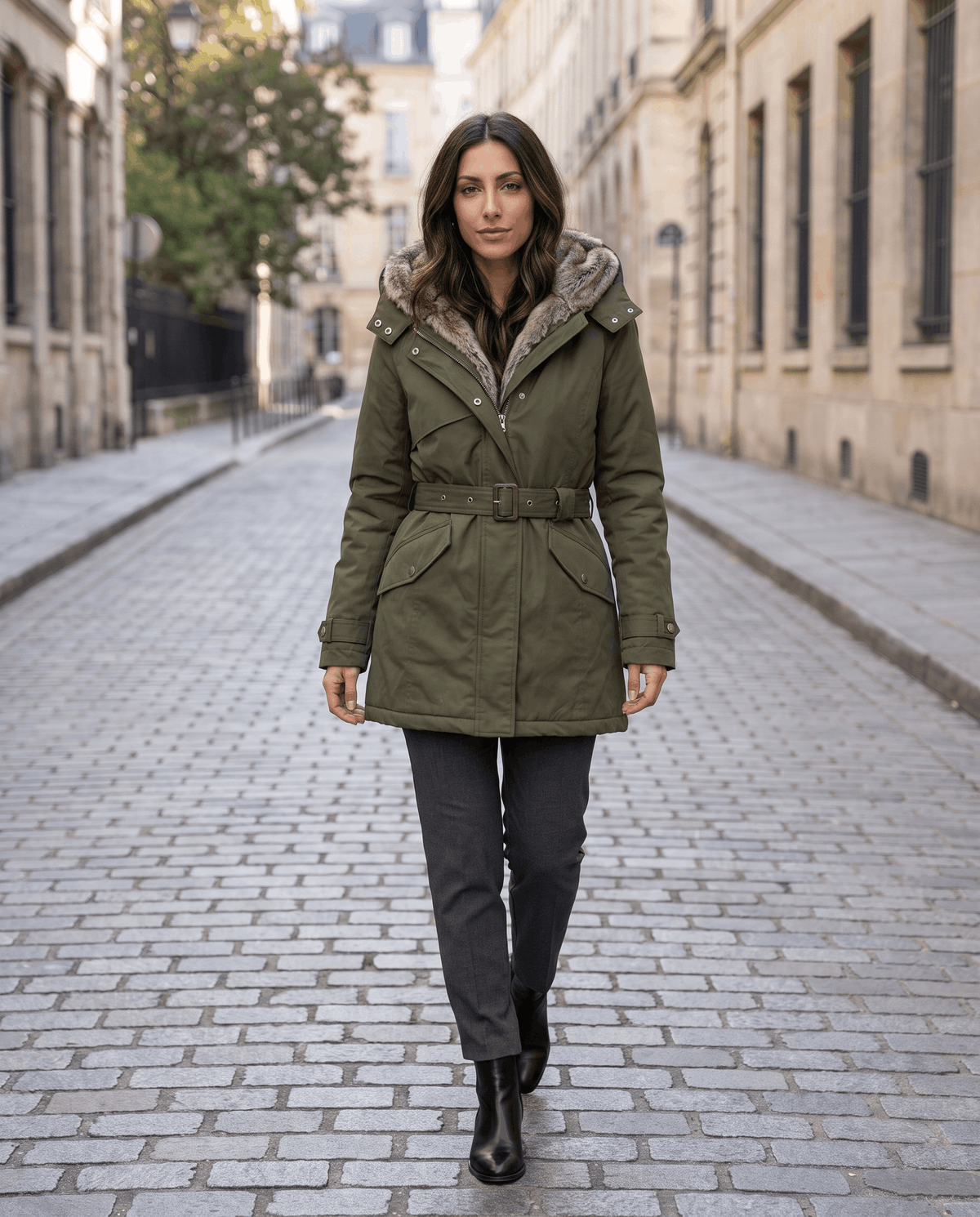 A woman wearing an olive green long parka coat with fur lining, a hood, and an adjustable waist, walking on a city street