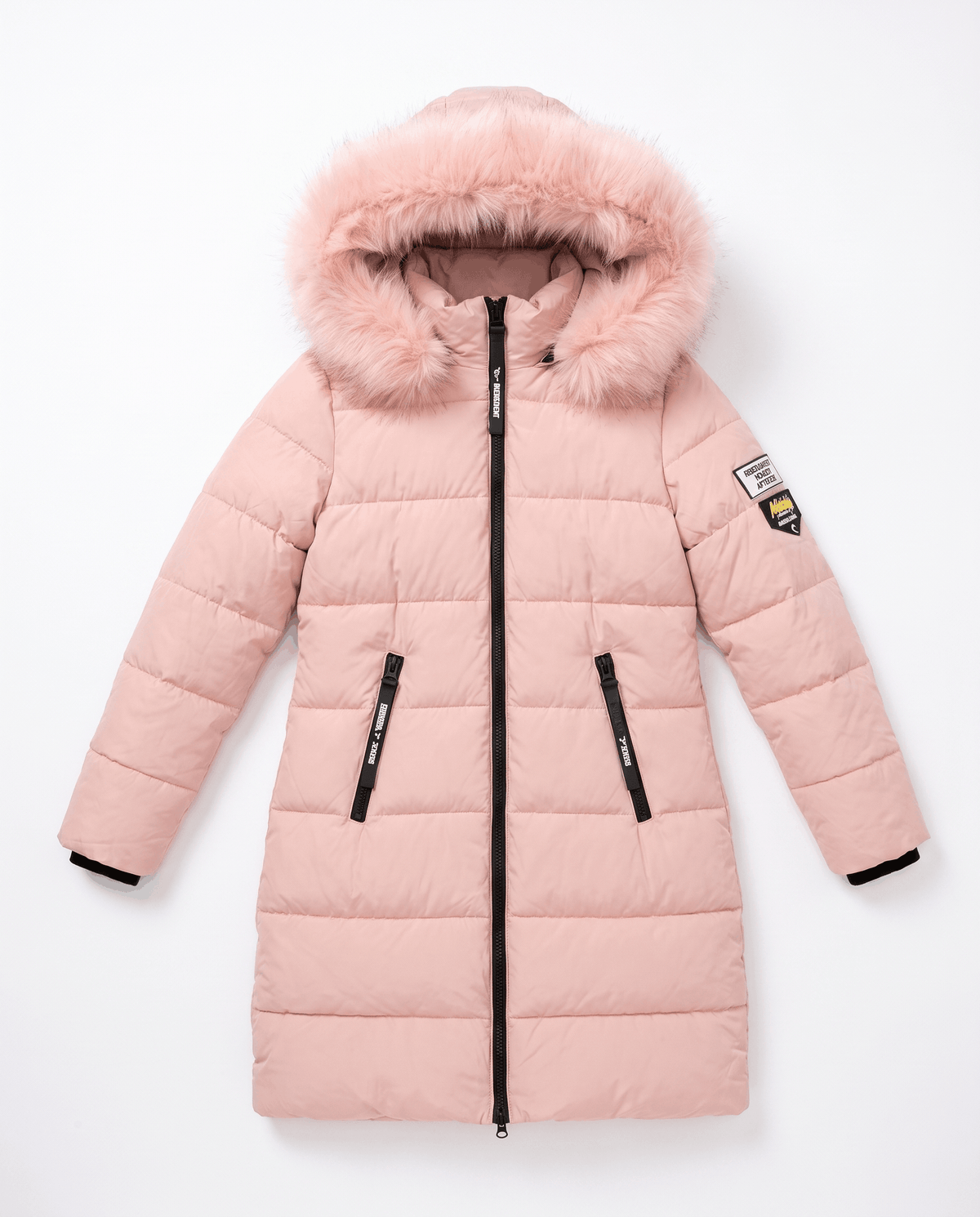 A pink long parka jacket for women with an insulated design, fur-trimmed hood, and full-zip front, shown flat