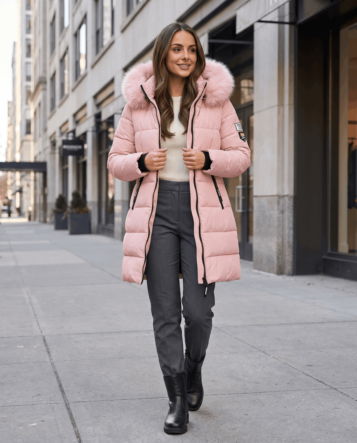A woman wearing a pink long insulated parka jacket with a fur-trimmed hood and full-zip front, walking on a city street