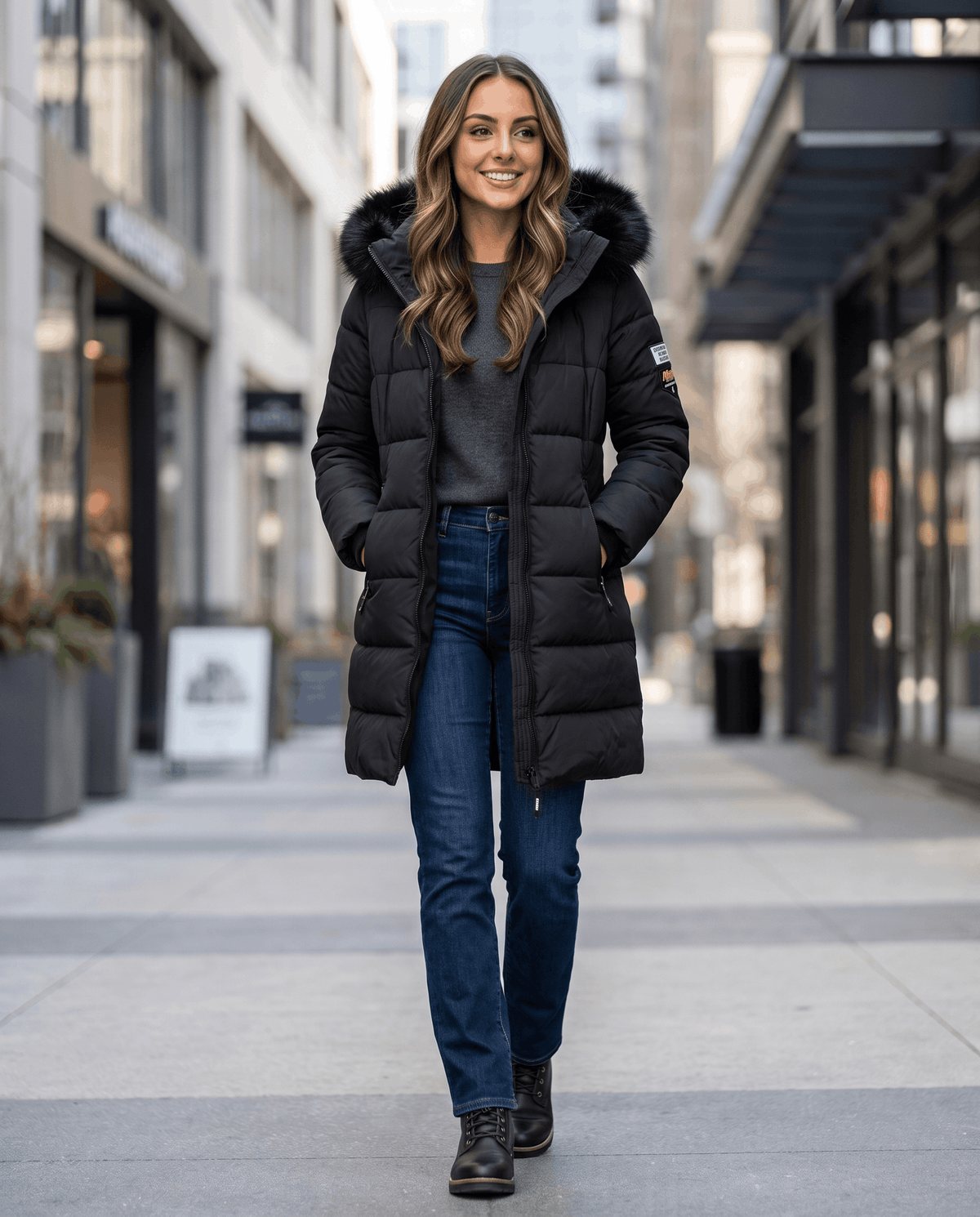 A woman wearing a black long insulated parka jacket with a fur-trimmed hood and full-zip front, walking on a city street