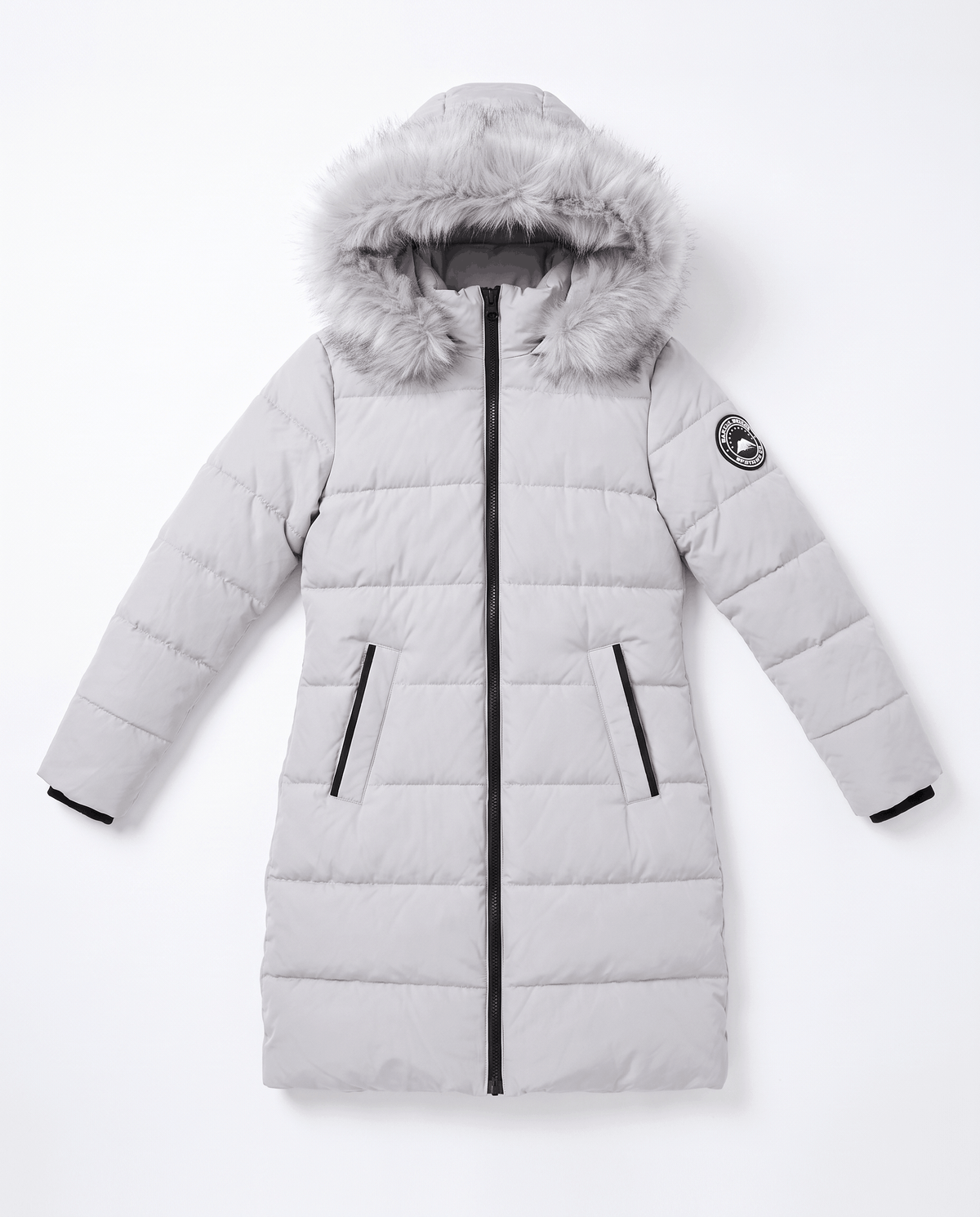 A light gray long insulated parka jacket for women with a fur-trimmed hood and full-zip front, shown flat