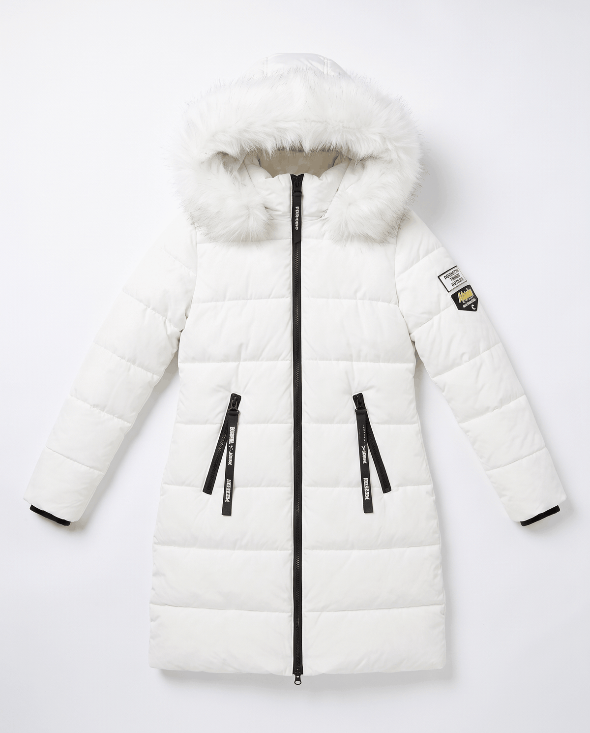 A white long insulated parka jacket for women with a fur-trimmed hood and full-zip front, shown flat