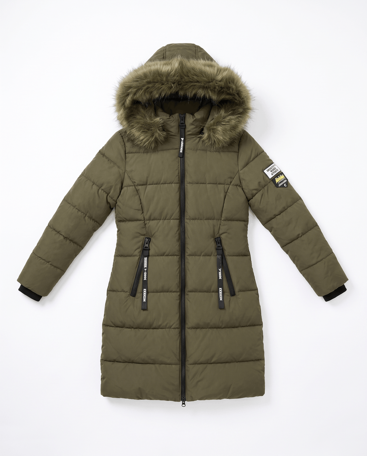 A long olive green insulated parka jacket for women with a hood and full-zip front, shown flat