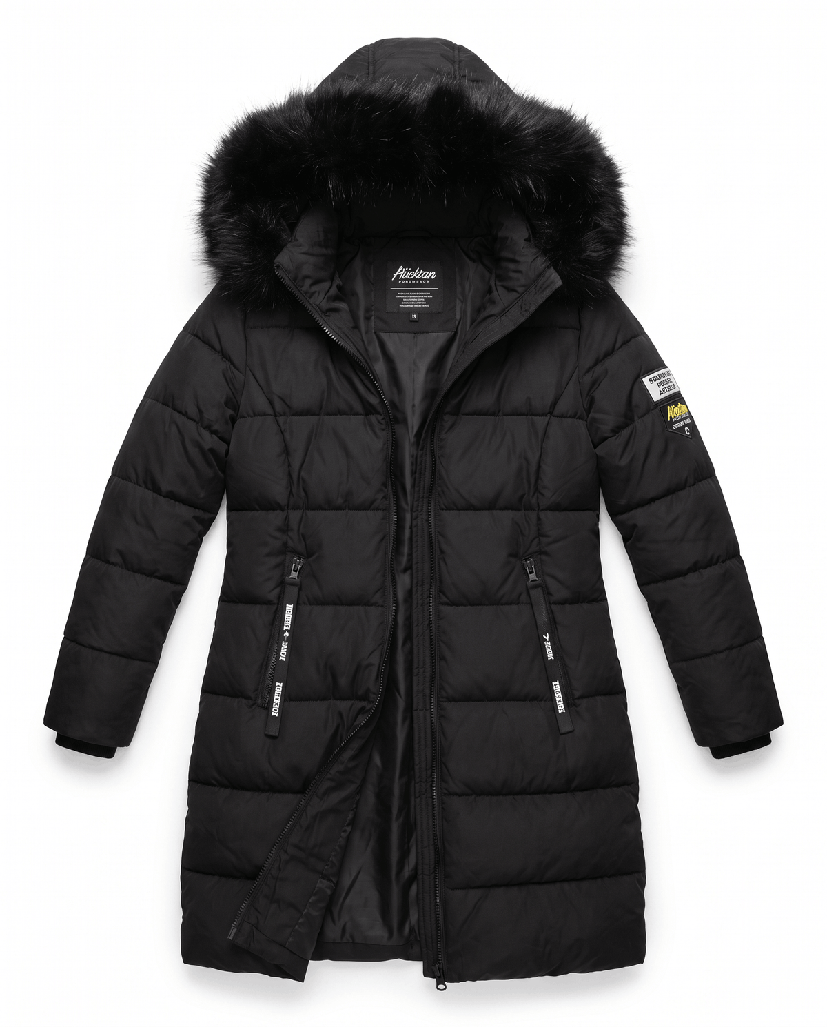 A long black insulated parka jacket for women with a hood and full-zip front, shown flat