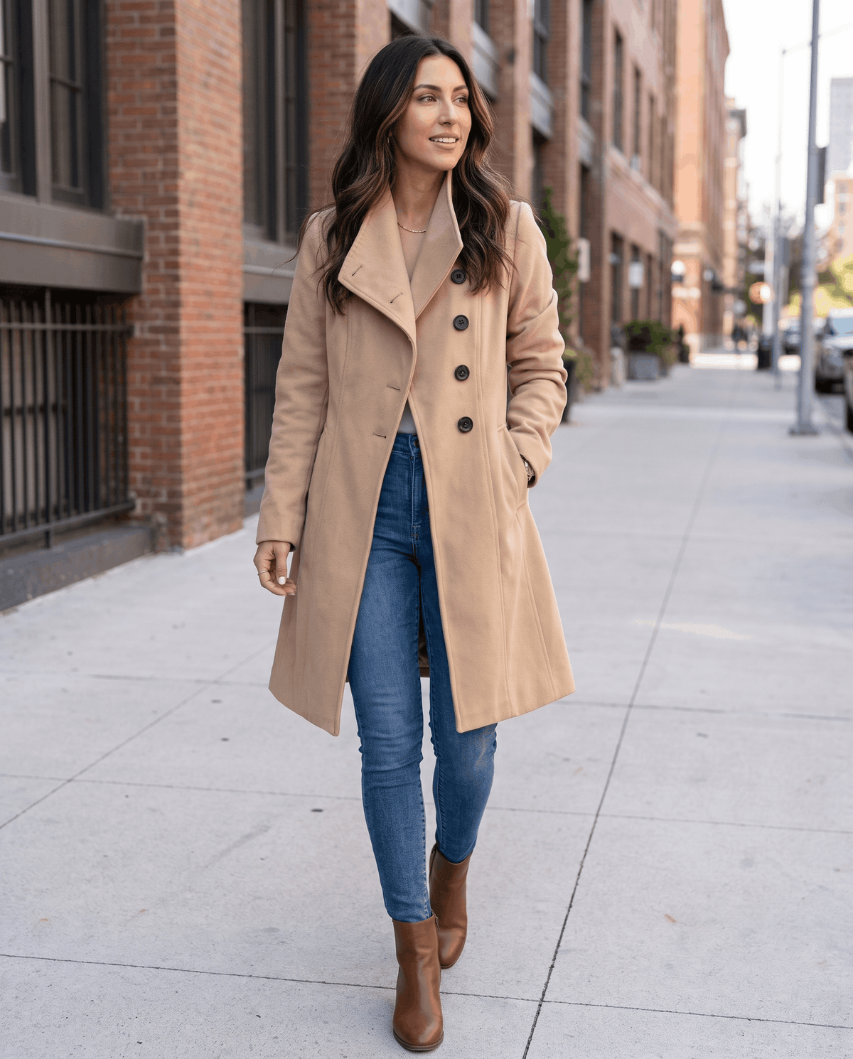 A woman wearing a long beige trench coat with a belted waist and double-breasted front, walking on a city street