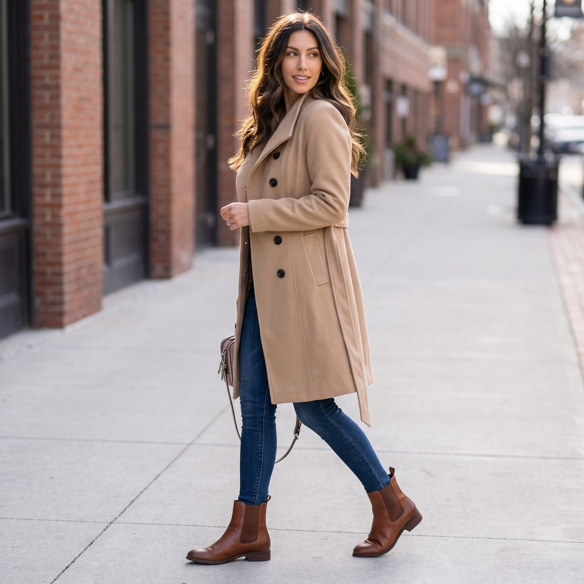 A woman wearing a long beige trench coat with a belted waist and double-breasted front, walking outdoors