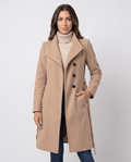 Beige belted wool-look coat with wide lapels, button closure, and side pockets worn by a female model