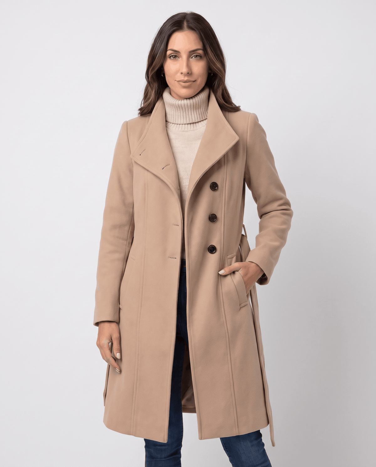 Beige belted wool-look coat with wide lapels, button closure, and side pockets worn by a female model
