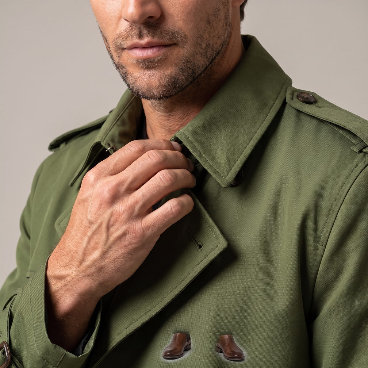A man wearing an olive green long trench coat with a double-breasted front, wide collar, and waist belt