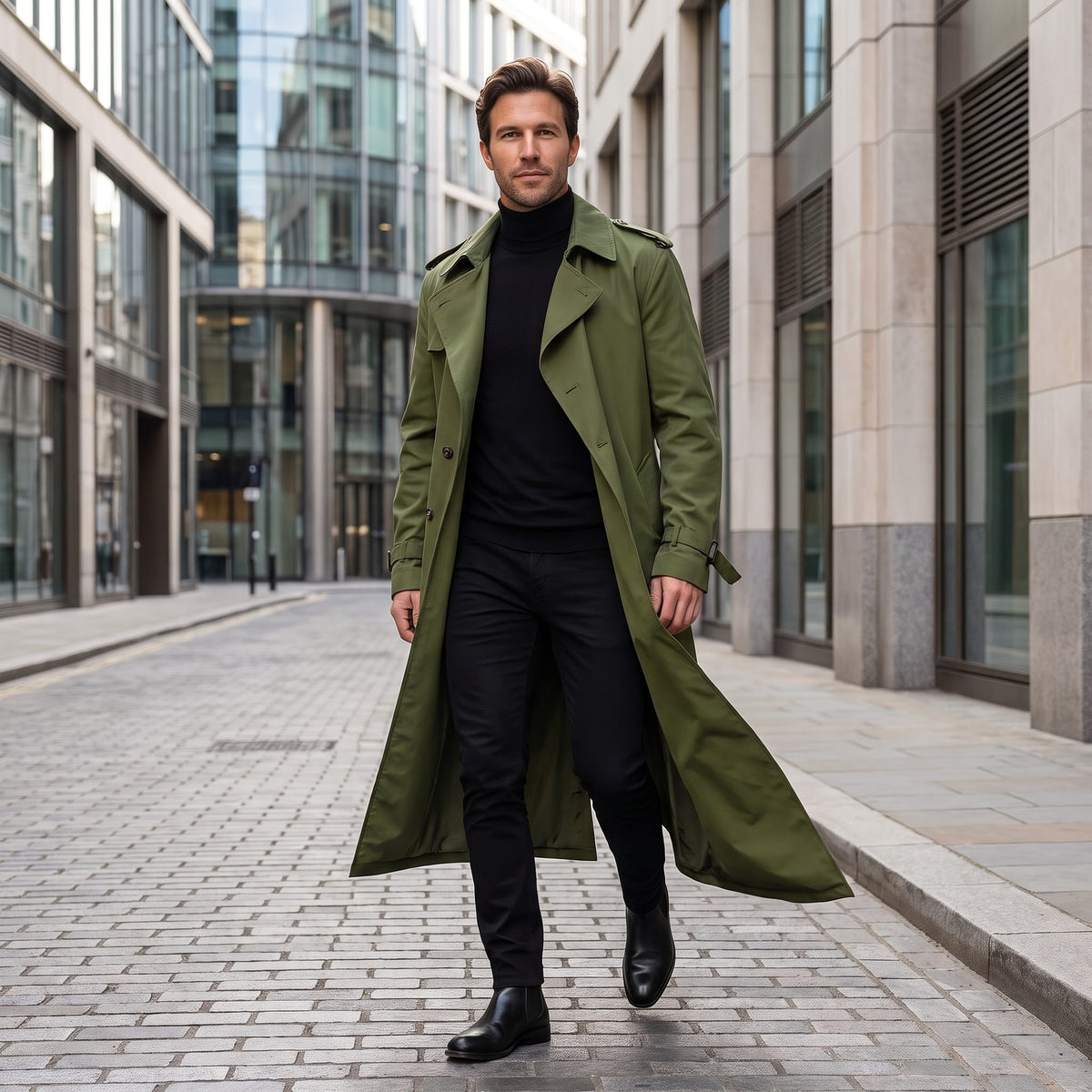 A man wearing an olive green long trench coat with a double-breasted front and waist belt, walking on a city street